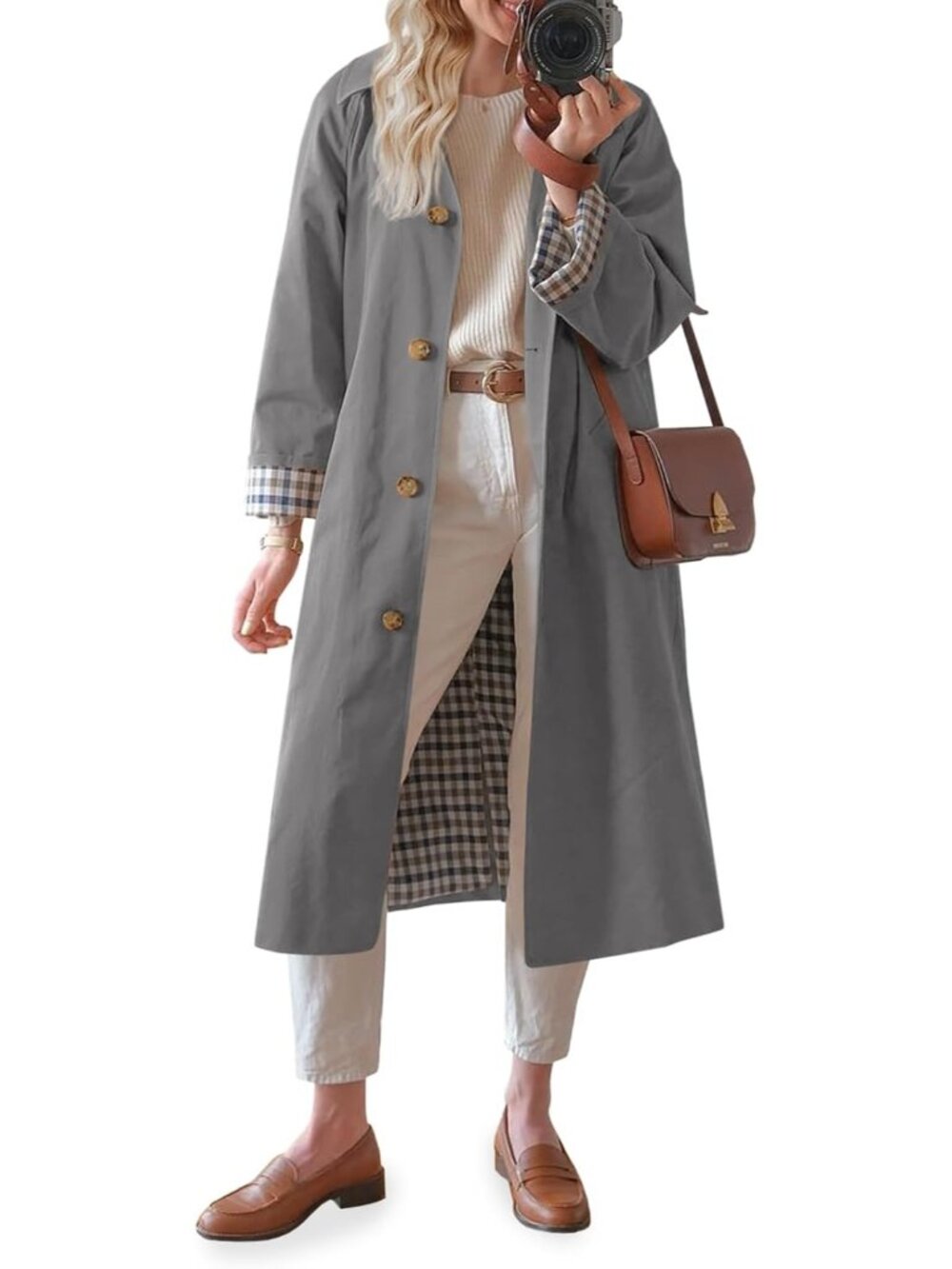 Women's Grey Long Sleeve Oversized Single Breasted Windproof Winter Trench Coat